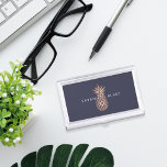Faux Rose Gold Pineapple | Personalized Business Card Holder<br><div class="desc">Elegant business card holder features your name and/or business name in modern white lettering,  overlaid on a faux rose gold foil illustration on a midnight blue background. Shop matching items from our Pineapple office collection to complete your look!</div>