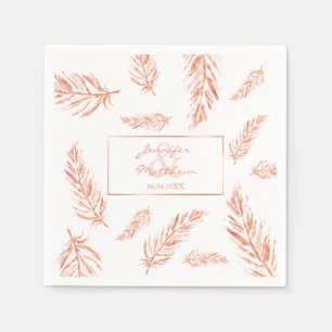 Faux Rose Gold Pink Feathers Wedding Couple Names Napkin
