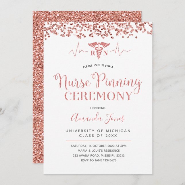 FAUX ROSE GOLD RN Nurse Pinning Ceremony Invitation (Front/Back)