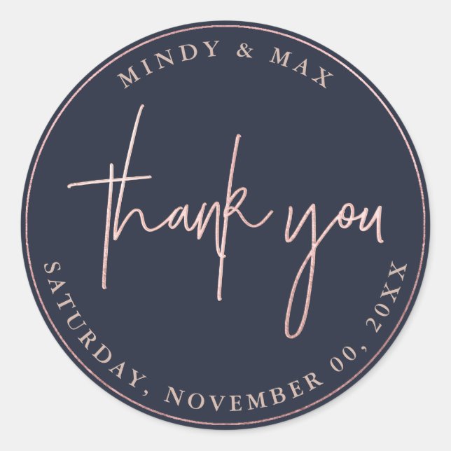 FAUX ROSE GOLD THANK YOU SIGNATURE SCRIPT CLASSIC ROUND STICKER (Front)