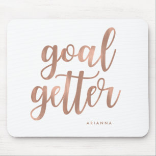 Faux Rose Gold Typography on White Goal Getter Mouse Pad