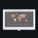 Faux Rose Gold World Map on Smoky Grey Business Card Holder<br><div class="desc">Perfect for anyone working in the field of travel,  this business card holder features a faux rose gold look world map on a modern smoky grey background.</div>