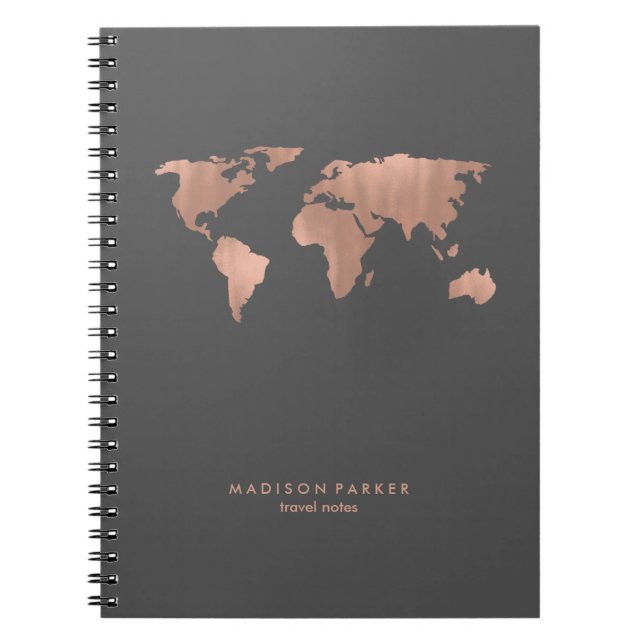 Faux Rose Gold World Map on Smoky Grey Notebook (Front)