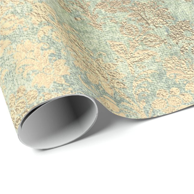 Faux Royal Gold Floral Powder Floral Pearly Mint Wrapping Paper (Roll Corner)