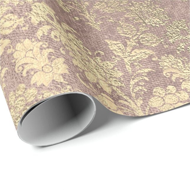 Faux Royal Gold Floral Powder Floral Pearly Pink Wrapping Paper (Roll Corner)