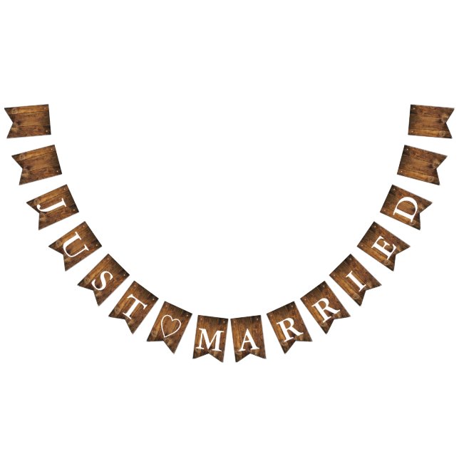 Faux Rustic Barn Wood Just Married Wedding Bunting Flags (All)