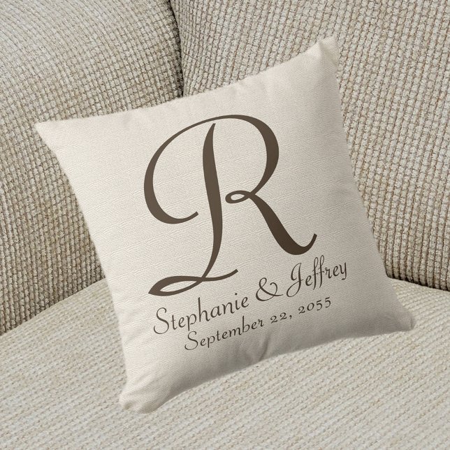 Faux Rustic Burlap Monogram and Names Pillow (Creator Uploaded)