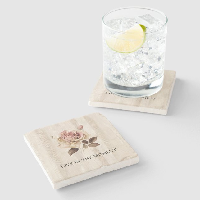 Faux Rustic Cream Pink Rose Wood   Stone Coaster (Side)