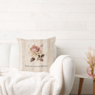 Faux Rustic Cream Pink Rose Wood Throw Pillow