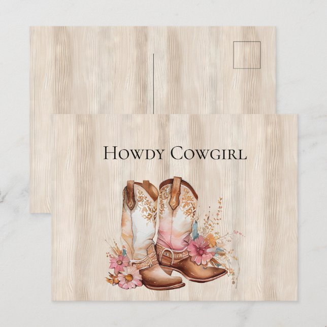 Faux Rustic Cream Wood Pink Rose Cowgirl Boots Postcard (Front/Back)
