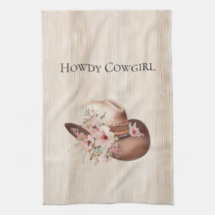 Faux Rustic Cream Wood Pink Rose Cowgirl  Kitchen Towel