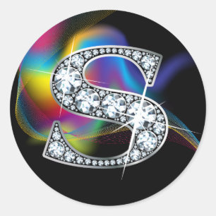 Faux "S" Diamond Bling on Rainbow Swirl Heart Classic Round Sticker