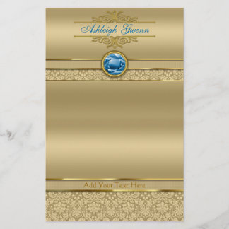 Faux Sapphire Blue Gemstone Metallic Gold Damask Stationery