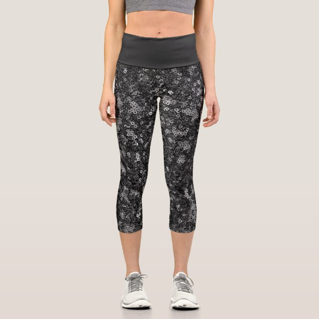 Faux Sequin Black Pattern  Capri Leggings (Front)