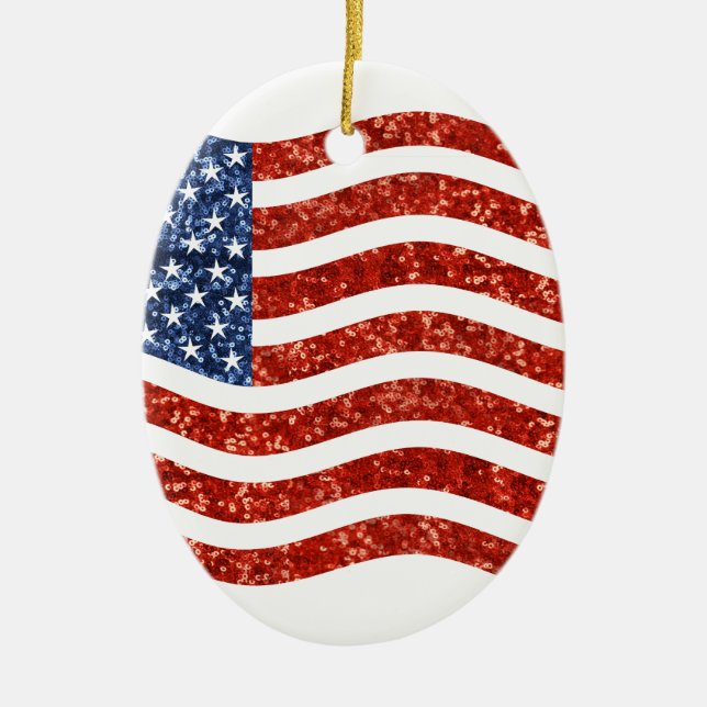 faux sequin print american flag ceramic ornament (Front)