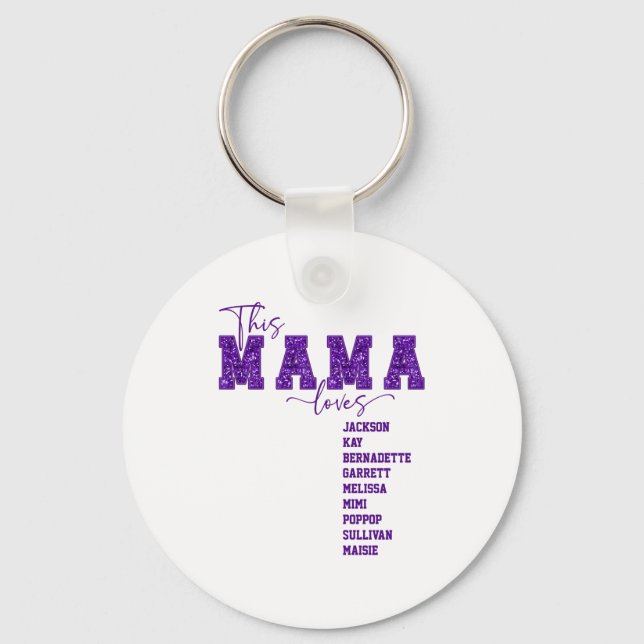 Faux Sequin Varsity Font This Mama Loves  Keychain (Front)