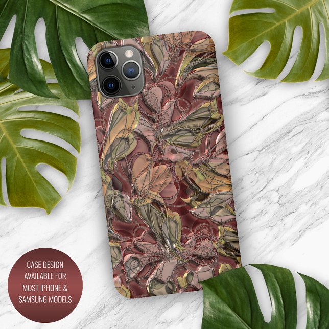 Faux Shiny Dark Red Green Gold Floral Art Pattern iPhone Case (Creator Uploaded)