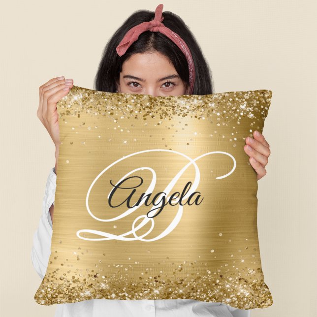 Faux Shiny Gold Glitter and Foil Fancy Monogram Throw Pillow (Birthday Gift for Your Girl)