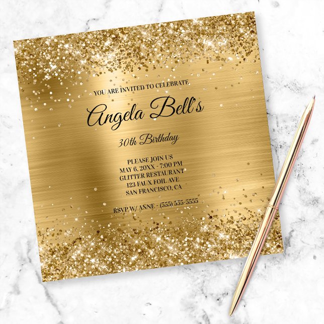 Faux Shiny Gold Glitter Brushed Foil Monogram Invitation (Creator Uploaded)