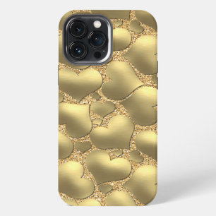 Faux Shiny Gold Glitter Heart Art Pattern iPhone 13 Pro Max Case