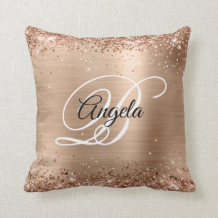 Faux Shiny Pale Copper Glitter Foil Fancy Monogram Throw Pillow