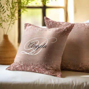 Faux Shiny Rose Gold Glitter Foil Fancy Monogram Throw Pillow
