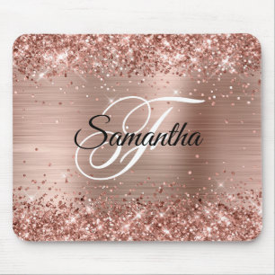 Faux Shiny Rose Gold Glitter Foil Monogram Mouse Pad