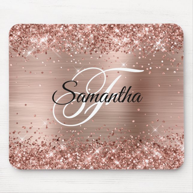 Faux Shiny Rose Gold Glitter Foil Monogram Mouse Pad (Front)