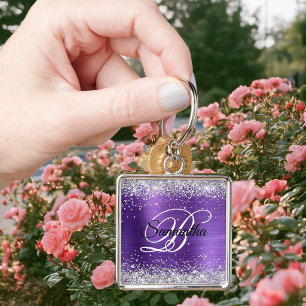 Faux Shiny Silver Glitter Amethyst Foil Monogram Keychain