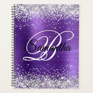 Faux Shiny Silver Glitter Amethyst Foil Monogram Planner