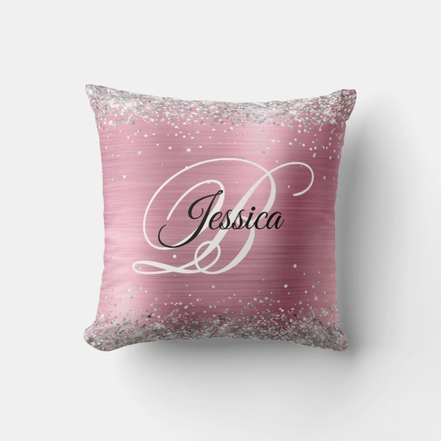 Faux Shiny Silver Glitter and Pink Foil Monogram Throw Pillow (Front)