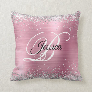 Faux Shiny Silver Glitter and Pink Foil Monogram Throw Pillow
