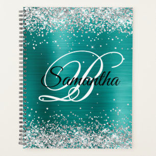 Faux Shiny Silver Glitter Aqua Teal Foil Monogram Planner