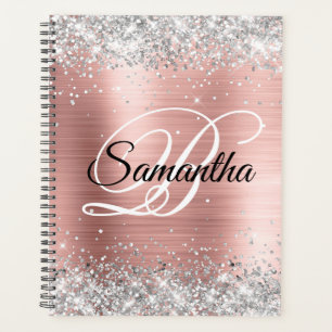 Faux Shiny Silver Glitter Blush Rose Foil Monogram Planner