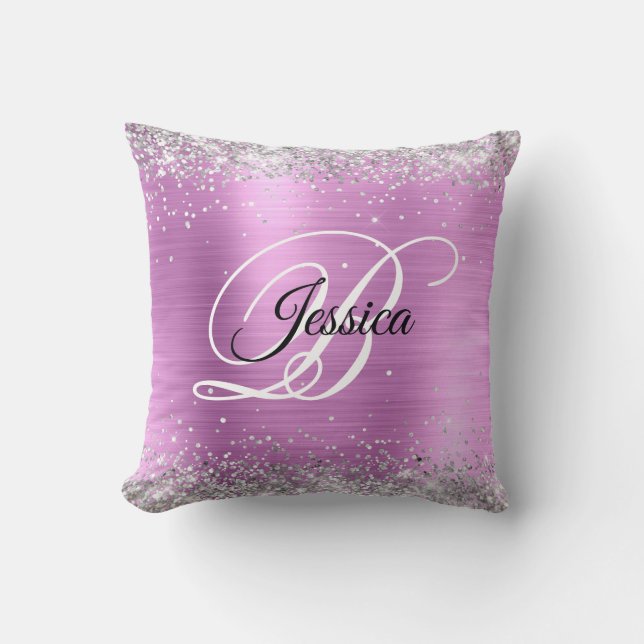 Faux Shiny Silver Glitter Lavender Foil Monogram Throw Pillow (Front)