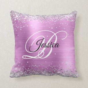 Faux Shiny Silver Glitter Lavender Foil Monogram Throw Pillow