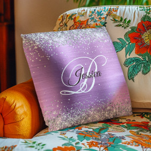 Faux Shiny Silver Glitter Lavender Foil Monogram Throw Pillow