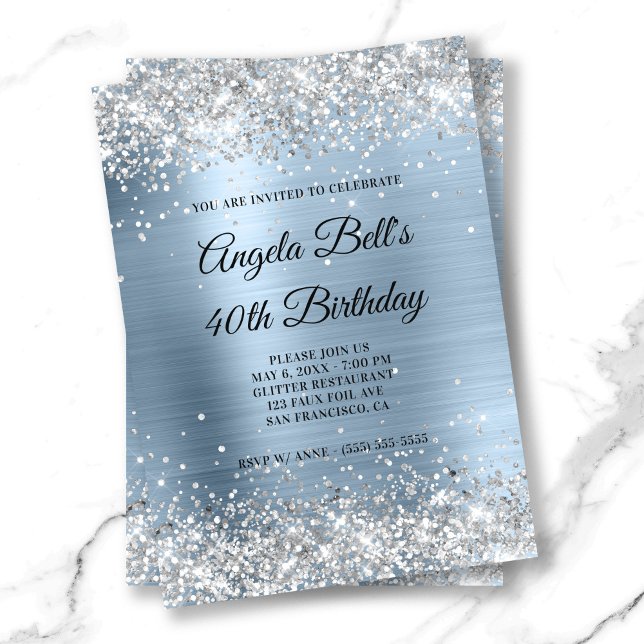 Faux Shiny Silver Glitter Pale Blue Foil Monogram Invitation (Faux Shiny Silver Glitter Pale Blue Foil Monogram Invitation)