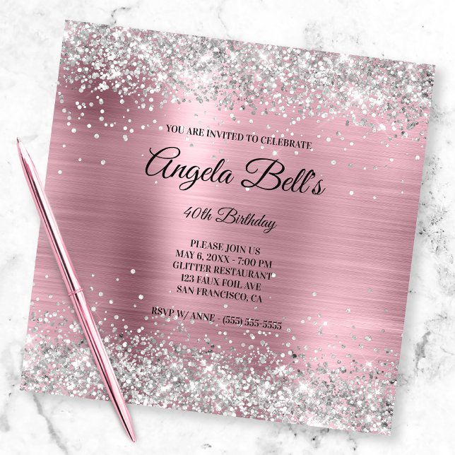 Faux Shiny Silver Glitter Pale Pink Foil Monogram Invitation (Creator Uploaded)