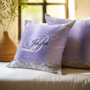 Faux Shiny Silver Glitter Periwinkle Foil Monogram Throw Pillow