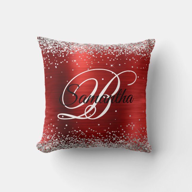 Faux Shiny Silver Glitter Red Foil Monogram Throw Pillow (Front)
