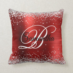 Faux Shiny Silver Glitter Red Foil Monogram Throw Pillow