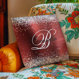 Faux Shiny Silver Glitter Red Foil Monogram Throw Pillow