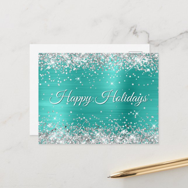 Faux Shiny Silver Glitter Turquoise Foil Happy Holiday Postcard (Front/Back In Situ)