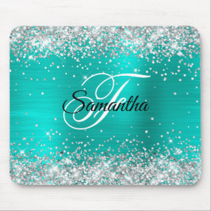Faux Shiny Silver Glitter Turquoise Foil Monogram Mouse Pad
