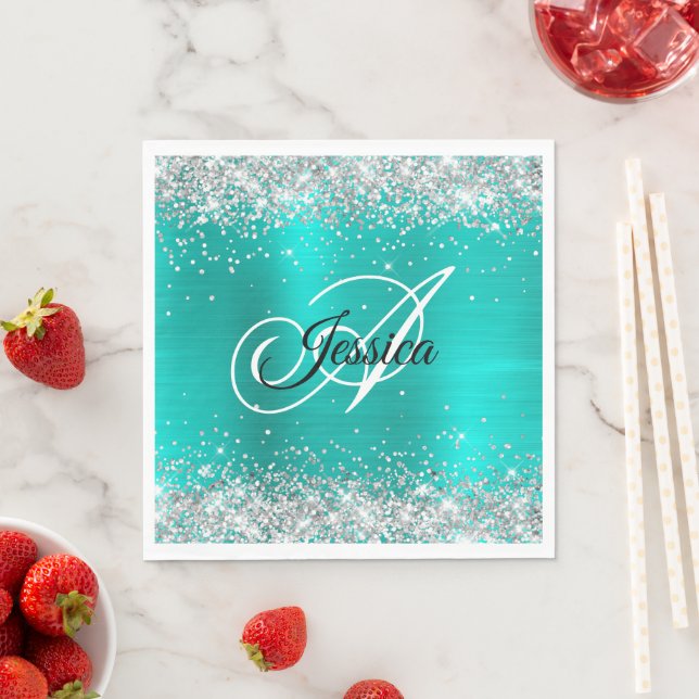Faux Shiny Silver Glitter Turquoise Foil Monogram Napkin (Insitu)