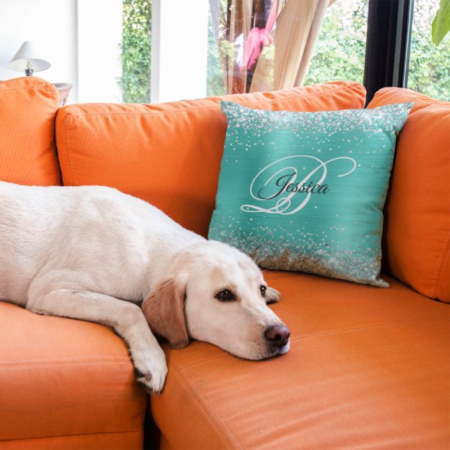 Faux Shiny Silver Glitter Turquoise Foil Monogram Throw Pillow (Silver Glitter Turquoise Foil Monogram Throw Pillow)