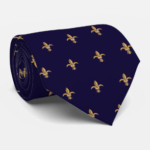 Faux Silk Blue Gold Fleur de Lis Luxury Neck Tie