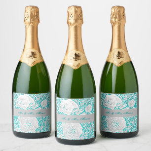 Faux Silk Embossed Illusion Rose/Teal Sparkling Wine Label