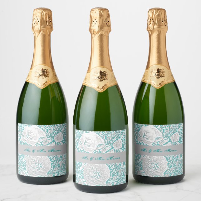 Faux Silk Embossed Illusion Rose/Teal  Sparkling Wine Label (Bottles)